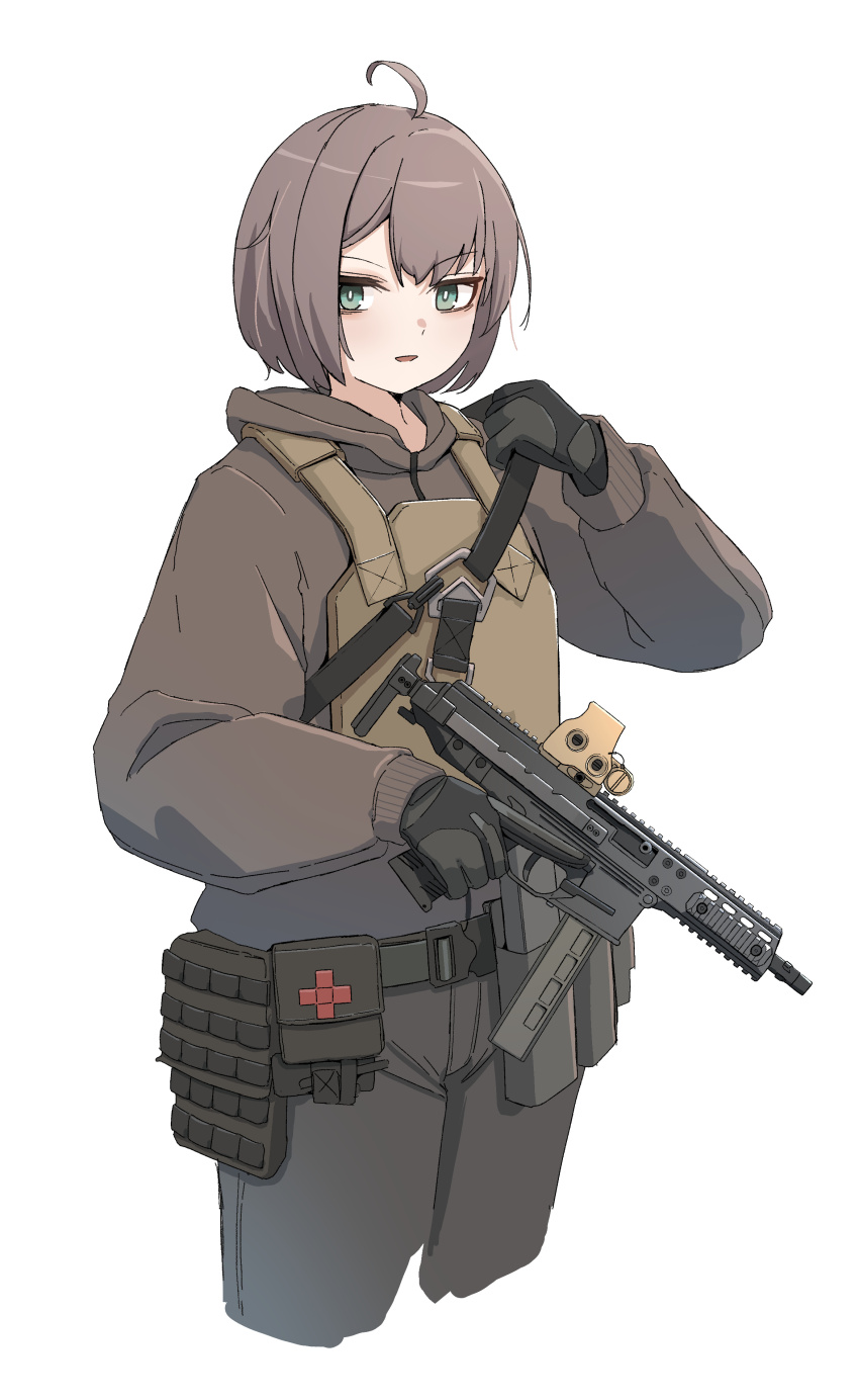 1girl absurdres ahoge black_gloves black_pants brown_hair brown_hoodie combat_medic commentary cropped_legs gloves green_eyes gun hand_up highres holding holding_gun holding_weapon hood hood_down hoodie looking_at_viewer okapi_(yomaigoto) original pants parted_lips simple_background smile solo trigger_discipline weapon weapon_request white_background