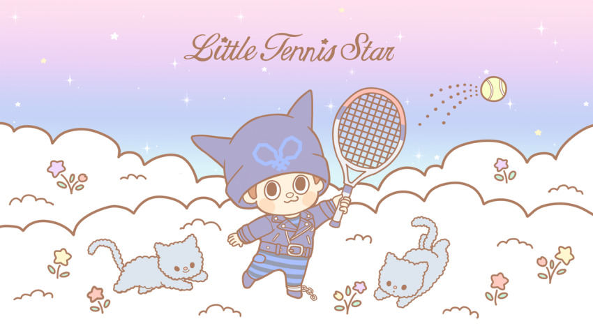 1boy :3 animal_ear_headwear animal_ears ball beanie belt belt_buckle birthday black_belt black_eyes black_hat black_jacket black_jumpsuit black_shoes black_sleeves blue_jumpsuit blush_stickers brown_hair buckle buttons cat_ears chain closed_mouth cloud collared_jacket commentary cuffs danganronpa_(series) danganronpa_v3:_killing_harmony deformed english_commentary english_text fake_animal_ears flower fluffy full_body gradient_sky grey_cat hat holding holding_tennis_racket hoshi_ryoma jacket jumpsuit leather leather_jacket long_sleeves looking_at_viewer male_focus motion_lines orange_flower parody pocket prison_clothes purple_sky racket sanrio shackles shoes short_hair sky smile solo star_(sky) star_(symbol) starry_sky striped_jumpsuit style_parody tennis_ball tennis_racket turnip_(iguanadaughter) two-tone_jumpsuit very_short_hair yellow_flower