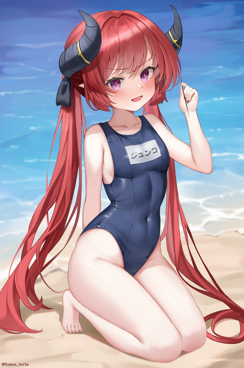 1girl absurdres bare_arms bare_legs bare_shoulders barefoot beach black_horns black_ribbon blue_archive blue_one-piece_swimsuit blush breasts commentary covered_navel demon_horns dobostorte feet hair_ribbon highleg highleg_one-piece_swimsuit highres horns junko_(blue_archive) kneeling long_hair looking_at_viewer name_tag no_halo ocean one-piece_swimsuit open_mouth pointy_ears purple_eyes red_hair ribbon sand shore sideboob small_breasts smile solo swimsuit toes twintails twitter_username v-shaped_eyebrows very_long_hair water
