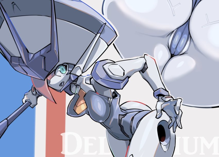 1girl :d ass blue_eyes blue_leotard breasts cameltoe colored_skin darling_in_the_franxx delphinium_(darling_in_the_franxx) hair_over_one_eye high_heels leotard looking_at_viewer medium_breasts multiple_views necktie open_mouth pochincoff robot short_necktie smile white_skin yellow_necktie