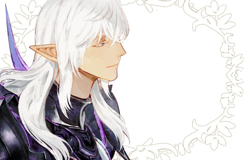 1boy armor blue_eyes border breastplate colored_eyelashes crossed_bangs elezen elf estinien_varlineau final_fantasy final_fantasy_xiv from_side highres inset_border long_hair looking_ahead male_focus ornate_border pauldrons pointy_ears poooto10 portrait profile shoulder_armor simple_background smile solo white_background white_hair