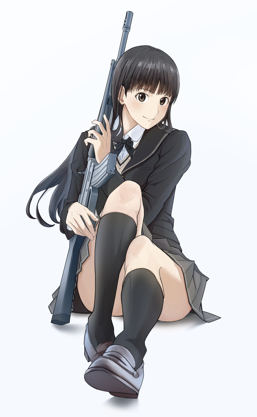 1girl absurdres amagami assault_rifle ayatsuji_tsukasa black_bow black_bowtie black_eyes black_hair black_jacket black_sailor_collar black_socks blazer bow bowtie closed_mouth collared_shirt eightynine full_body grey_background grey_shoes grey_skirt gun highres holding holding_gun holding_weapon howa_type_89 jacket kibito_high_school_uniform kneehighs loafers long_hair long_sleeves looking_at_viewer miniskirt pleated_skirt rifle sailor_collar school_uniform shirt shoes simple_background sitting skirt socks solo straight_hair sweater thighs weapon white_shirt yellow_sweater