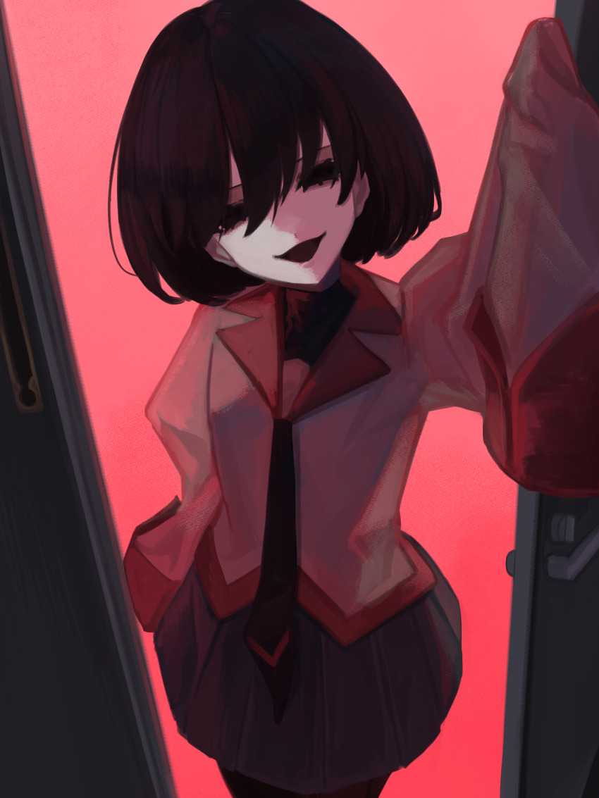 1girl arm_at_side arm_up black_eyes black_mouth black_necktie black_pantyhose black_skirt black_undershirt bob_cut breasts collared_shirt commentary cowboy_shot doorway dress_shirt empty_eyes eyelashes foreshortening from_above gradient_background hair_over_eyes head_tilt highres looking_at_viewer loose_hair_strand monogatari_(series) naoetsu_high_school_uniform necktie open_door opening_door oshino_ougi pale_skin pantyhose perspective pink_background pink_shirt pleated_skirt pov_doorway reaching reaching_towards_viewer red_trim school_uniform shirt short_hair skirt sleeves_past_fingers sleeves_past_wrists small_breasts smile solo standing turtleneck yamada_maya_(yamdmay)