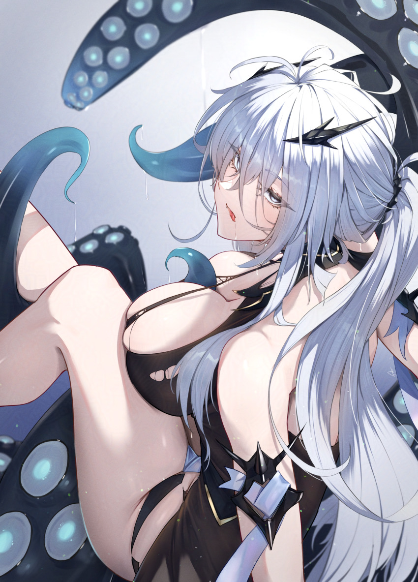 1girl azur_lane black_dress blue_eyes blue_hair blush breasts cleavage commentary_request dress fancy_(azur_lane) feet_out_of_frame hair_ornament highres large_breasts legs_up long_hair looking_at_viewer lying on_side open_mouth ponytail ropi_(yyuichi29) sidelocks simple_background sitting solo tentacle_tongue tentacles tongue tongue_out torn_clothes torn_dress wet