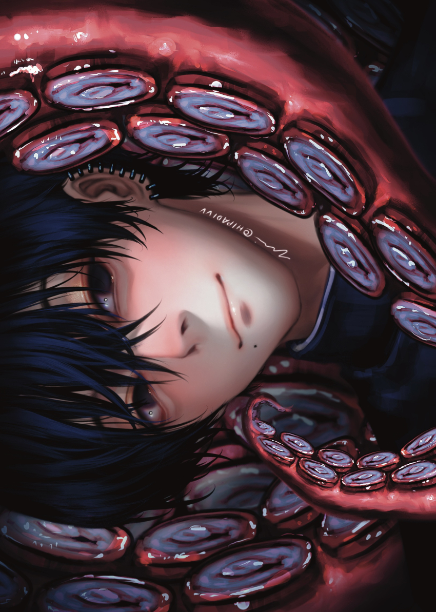 1boy bishounen black_eyes black_hair chainsaw_man ear_piercing earrings gakuran hair_between_eyes highres jewelry light_smile looking_at_viewer male_focus mole mole_under_mouth multiple_earrings multiple_piercings octopus padivv piercing ringed_eyes school_uniform short_hair sideways solo tentacles yoshida_hirofumi