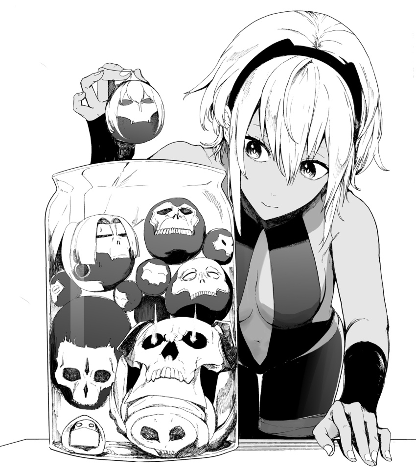 1girl assassin_(fate/zero) bare_shoulders breasts center_opening dark-skinned_female dark_skin detached_sleeves fate/prototype fate/prototype:_fragments_of_blue_and_silver fate/stay_night fate/strange_fake fate/zero fate_(series) female_assassin_(fate/zero) greyscale hairband hassan_of_serenity_(fate) hassan_of_the_cursed_arm_(fate) highres jar king_hassan_(fate) leggings leotard medium_breasts monochrome navel no_name_assassin_(fate) parody short_hair sidelocks solo suika_game syatey true_assassin_(fate/strange_fake)