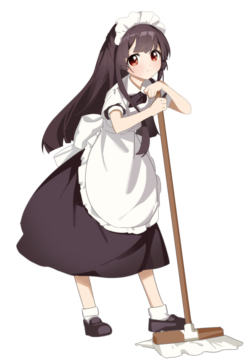 1girl alternate_costume apron back_bow black_dress blunt_bangs bow brown_shoes child collared_apron dress enmaided frilled_apron frills highres holding holding_mop invisible_floor keibi_inu layered_sleeves loafers long_hair looking_at_viewer maid maid_apron maid_headdress matsumoto_rise mop red_eyes shoes short_sleeves simple_background smile socks solo standing tareme white_apron white_background white_socks yuruyuri