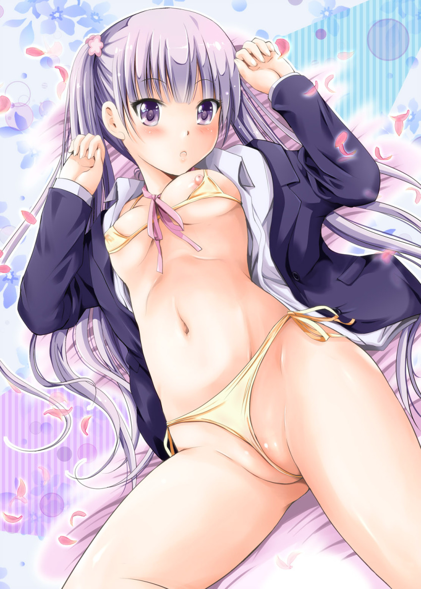 1girl arino_hiroshi bikini bikini_under_clothes black_jacket blazer breasts collared_shirt commentary_request hashtag-only_commentary highres jacket long_hair micro_bikini navel new_game! nipple_slip nipples no_pants open_clothes open_jacket open_shirt purple_eyes purple_hair shirt small_breasts solo stomach suzukaze_aoba swimsuit thighs twintails white_shirt yellow_bikini
