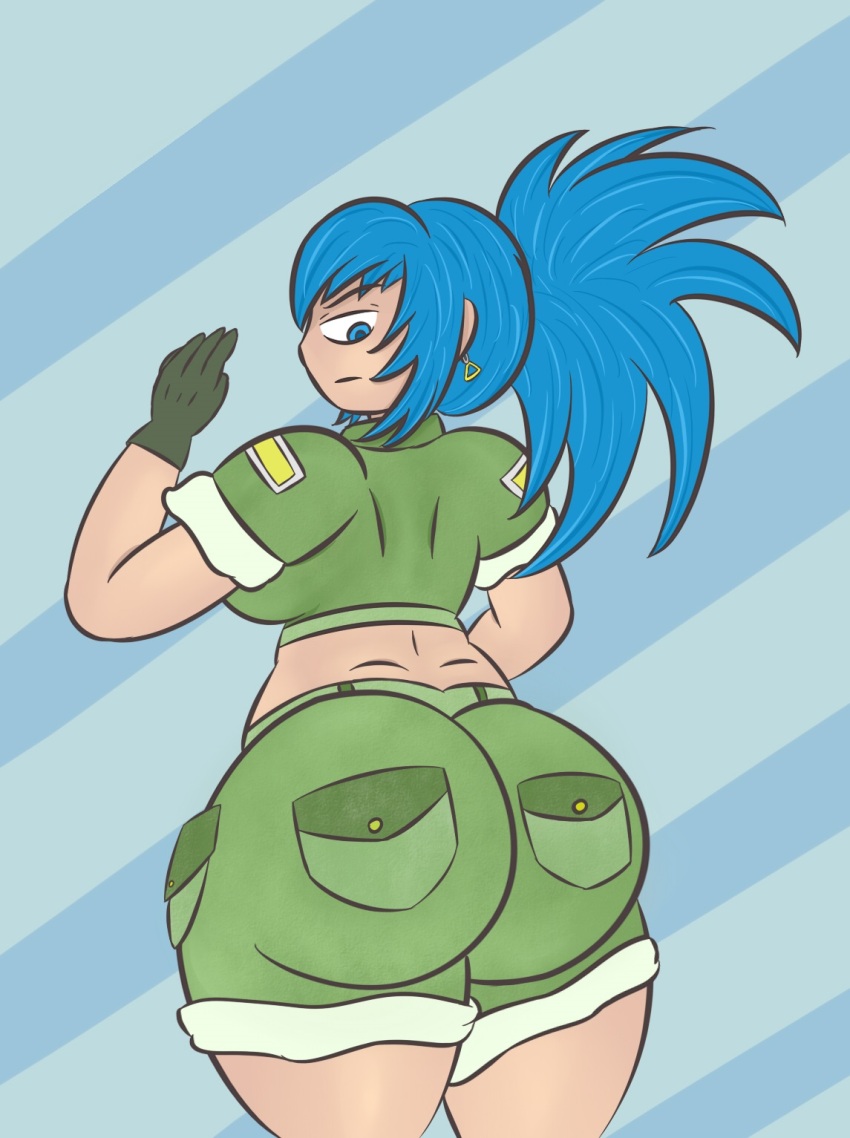 1girl ass blue_eyes blue_hair breasts curvy earrings female_focus from_behind ghagalaz gloves highres huge_ass jewelry large_breasts leather leona_heidern long_hair looking_back military pale_skin pants ponytail shorts the_king_of_fighters thick_thighs thighs tight_clothes tight_pants wide_hips