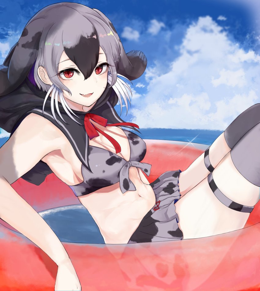 10s 1girl bad_id bad_twitter_id bikini bikini_skirt bikini_top_only black_hair commentary_request day dnsdltkfkd fang female_focus grey_hair hair_between_eyes highres hood hood_down hooded_seal_(kemono_friends) innertube kemono_friends korean_commentary multicolored_hair navel neck_ribbon red_eyes ribbon sailor_collar short_hair solo swim_ring swimsuit thighhighs