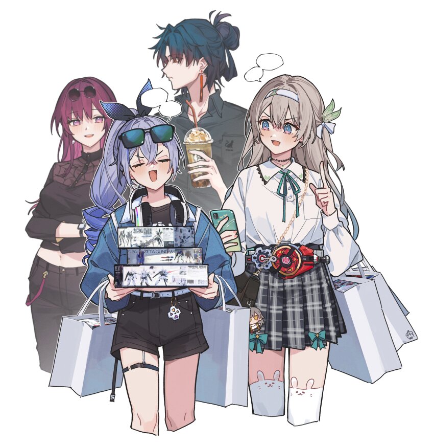 1boy 3girls absurdres adk-em alternate_costume bandai bandai_namco belt black-framed_eyewear black_pants black_shirt black_shorts black_skirt blade_(honkai:_star_rail) blue_belt boost_buckle bow cellphone closed_eyes collar core_id_(geats) desire_driver drill_hair drill_ponytail eyewear_on_head facing_viewer firefly_(honkai:_star_rail) hair_bow hairband high_ponytail highres holding holding_phone honkai:_star_rail honkai_(series) index_finger_raised ishimori_prod jacket kafka_(honkai:_star_rail) kamen_rider kamen_rider_geats kamen_rider_geats_(series) long_hair looking_at_another magnum_buckle midriff multiple_girls open_clothes open_jacket open_mouth pants phone ponytail purple_eyes purple_hair ribbon shirt shorts silver_wolf_(honkai:_star_rail) simple_background skirt smartphone smile speech_bubble thighhighs tinted_eyewear toei_company tokusatsu tsukino_(nakajimaseiki) tv_asahi twitter v-shaped_eyebrows white_background white_collar white_hairband white_thighhighs zettai_ryouiki