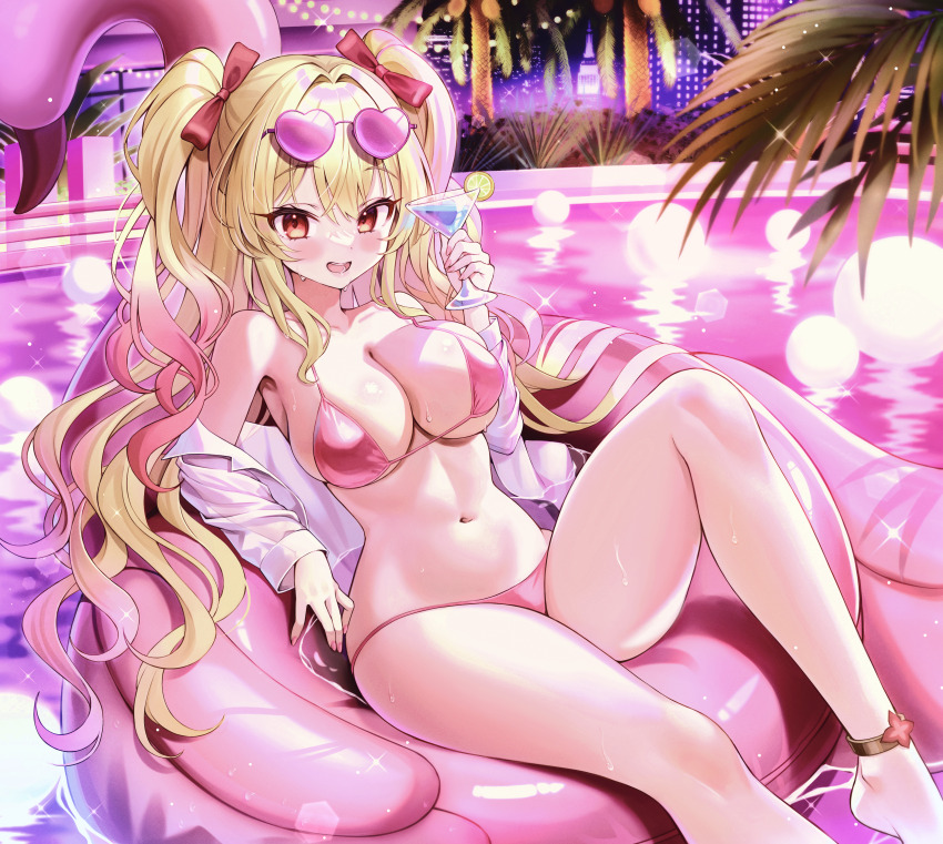 1girl absurdres ankle_strap armpits bare_shoulders bikini blonde_hair breasts cleavage cocktail_glass commentary_request commission cup demonia_(hiyono) drinking_glass eyewear_on_head gradient_hair hair_ribbon hand_up heart heart-shaped_eyewear highres holding holding_cup inflatable_raft jacket konana_(artmug) korean_commentary large_breasts long_hair looking_at_viewer multicolored_hair navel off_shoulder open_clothes open_jacket open_mouth original pink_bikini pink_hair pink_liquid pool red_eyes ribbon second-party_source smile solo stomach string_bikini sunglasses swimsuit thighs two-tone_hair two_side_up very_long_hair wet white_jacket
