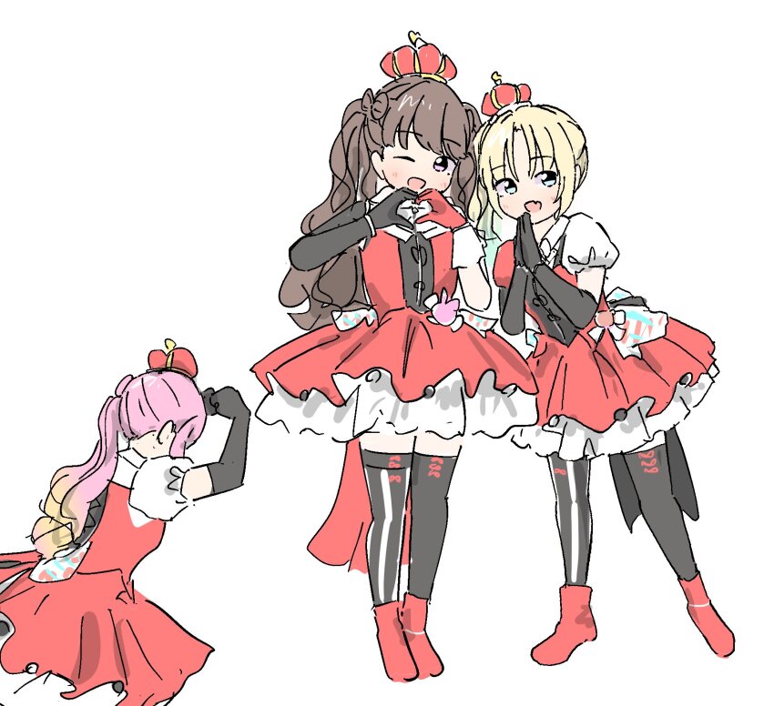 3girls ;d anyoji_hime arched_crown asymmetrical_gloves asymmetrical_sleeves black_gloves black_thighhighs blonde_hair blue_hair boots bow-shaped_hair brown_hair clenched_hands commentary crown dress elbow_gloves frilled_dress frills fujishima_megumi full_body gloves gradient_hair heart heart_hands highres kneeling link!_like!_love_live! long_hair love_live! mira-cra_park! mismatched_gloves mismatched_sleeves multicolored_hair multiple_girls official_alternate_costume official_alternate_hairstyle one_eye_closed open_mouth osawa_rurino own_hands_together palms_together pink_hair puffy_short_sleeves puffy_sleeves red_boots red_crown red_dress red_gloves short_sleeves side_ponytail sidelocks simple_background single_elbow_glove sleeveless sleeveless_dress smile standing striped_clothes striped_thighhighs symbol-only_commentary tazaki_masanobu thighhighs twintails two-tone_thighhighs uneven_gloves vertical-striped_clothes vertical-striped_thighhighs virtual_youtuber white_background white_thighhighs zenhoi_kyun zettai_ryouiki