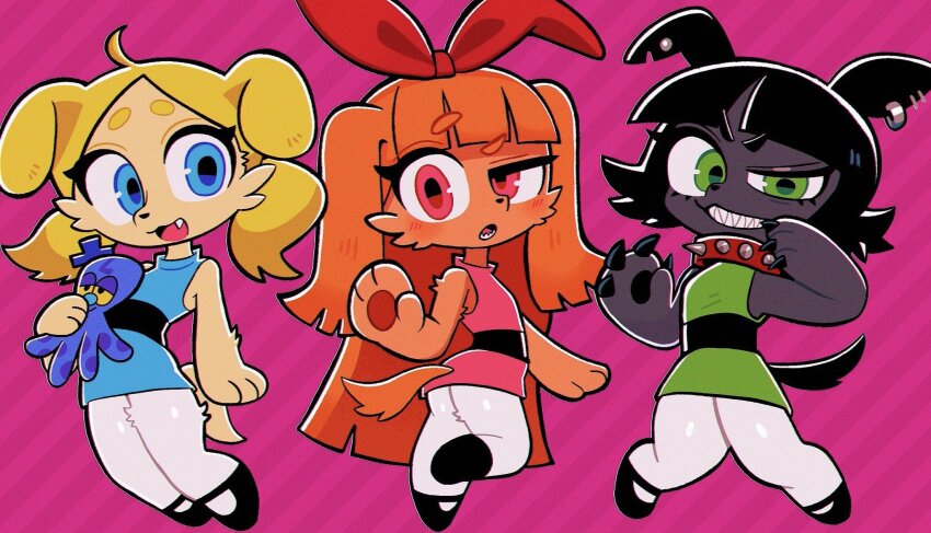 3girls animal_ears animal_nose black_hair blonde_hair blossom_(ppg) blue_dress blue_eyes blush bow bubbles_(ppg) buttercup_(ppg) cartoon_network child collar dog dog_ears dog_tail dress furrification furry green_dress green_eyes hair_bow highres long_hair looking_at_viewer multiple_girls nyacky octi open_mouth orange_hair pantyhose pink_dress powerpuff_girls raised_eyebrows shoes short_hair simple_background smile spiked_collar spikes stuffed_animal stuffed_toy tail twintails