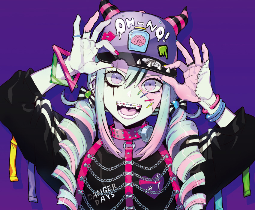 black_shirt bracelet braces brain coat collar colored_skin drill_hair fang green_hair green_skin happy harness hat highres jewelry looking_at_viewer multicolored_hair multicolored_skin original pink_coat pink_hair pink_skin puppeteer7777 purple_background purple_eyes ringlets shirt simple_background smile twin_drills two-tone_hair two-tone_skin zombie