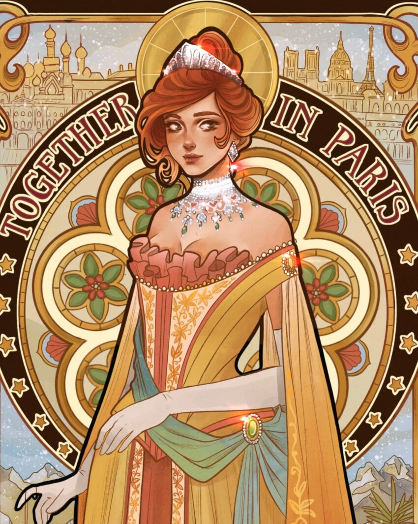 1girl anastasia_(1997) anya_(anastasia) art_nouveau bare_shoulders commentary crown dress earrings eiffel_tower elbow_gloves english_commentary glint gloves hair_bun hannahartwork highres jewelry kremlin light_smile looking_to_the_side moscow music_box necklace notre_dame_de_paris paris red_hair snowing solo white_gloves wide_sleeves yellow_dress