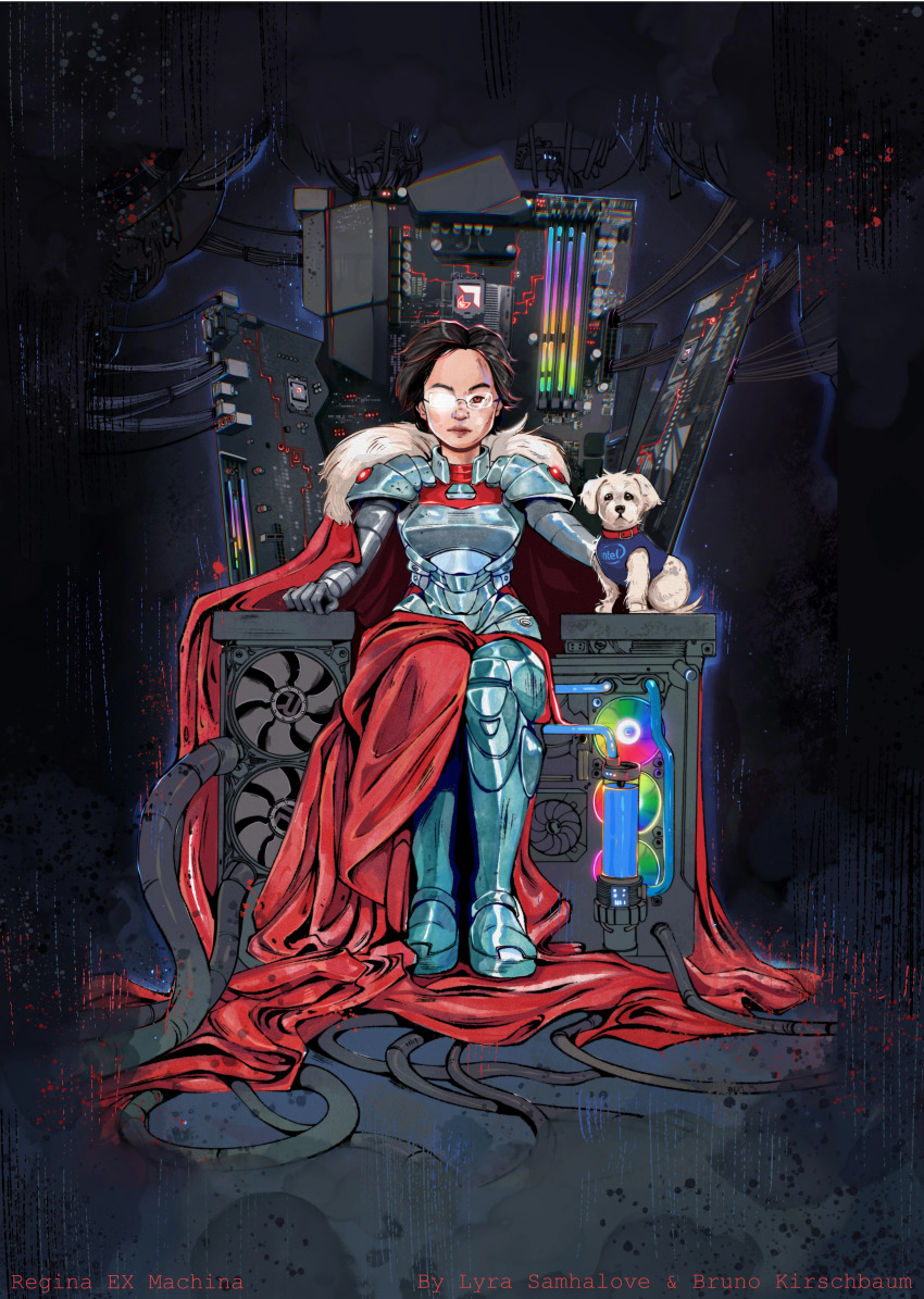 1girl absurdres amd armor artist_collaboration artist_name black_hair bruno_kirschbaum cable cape commentary computer_fan english_commentary forehead full_armor fur-trimmed_cape fur_trim glasses highres intel iron_throne lisa_su lyra_samhalove motherboard opaque_glasses radeon real_life real_life_insert red_cape red_eyes rgb_lights rimless_eyewear short_hair sitting solo_focus throne tube water_cooler