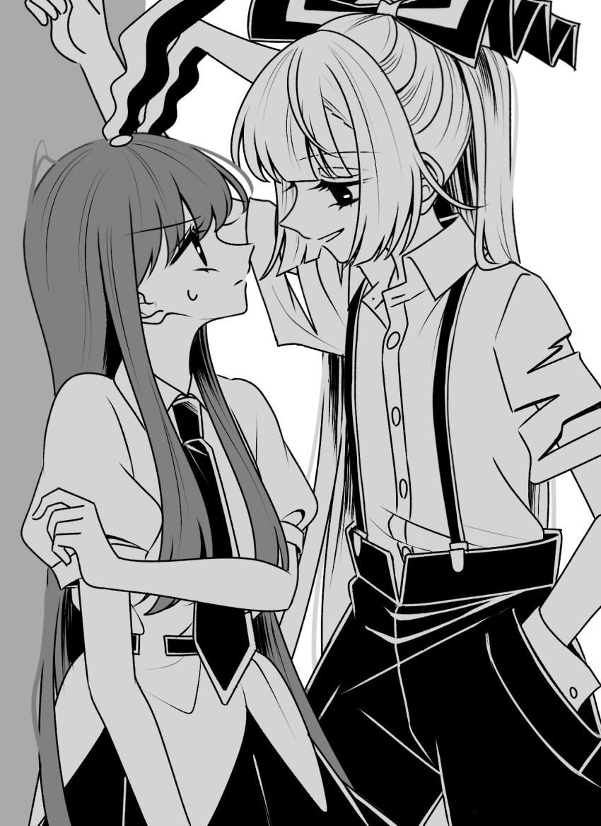 2girls animal_ears bow collared_shirt commentary eye_contact fujiwara_no_mokou greyscale hair_bow hand_in_pocket highres kabedon long_hair looking_at_another monochrome multiple_girls necktie open_mouth pants puffy_short_sleeves puffy_sleeves rabbit_ears rabbit_girl reisen_udongein_inaba shirt short_sleeves skirt smile suspenders sweatdrop tamiko_(tamik0224) torn_clothes torn_sleeves touhou very_long_hair yuri