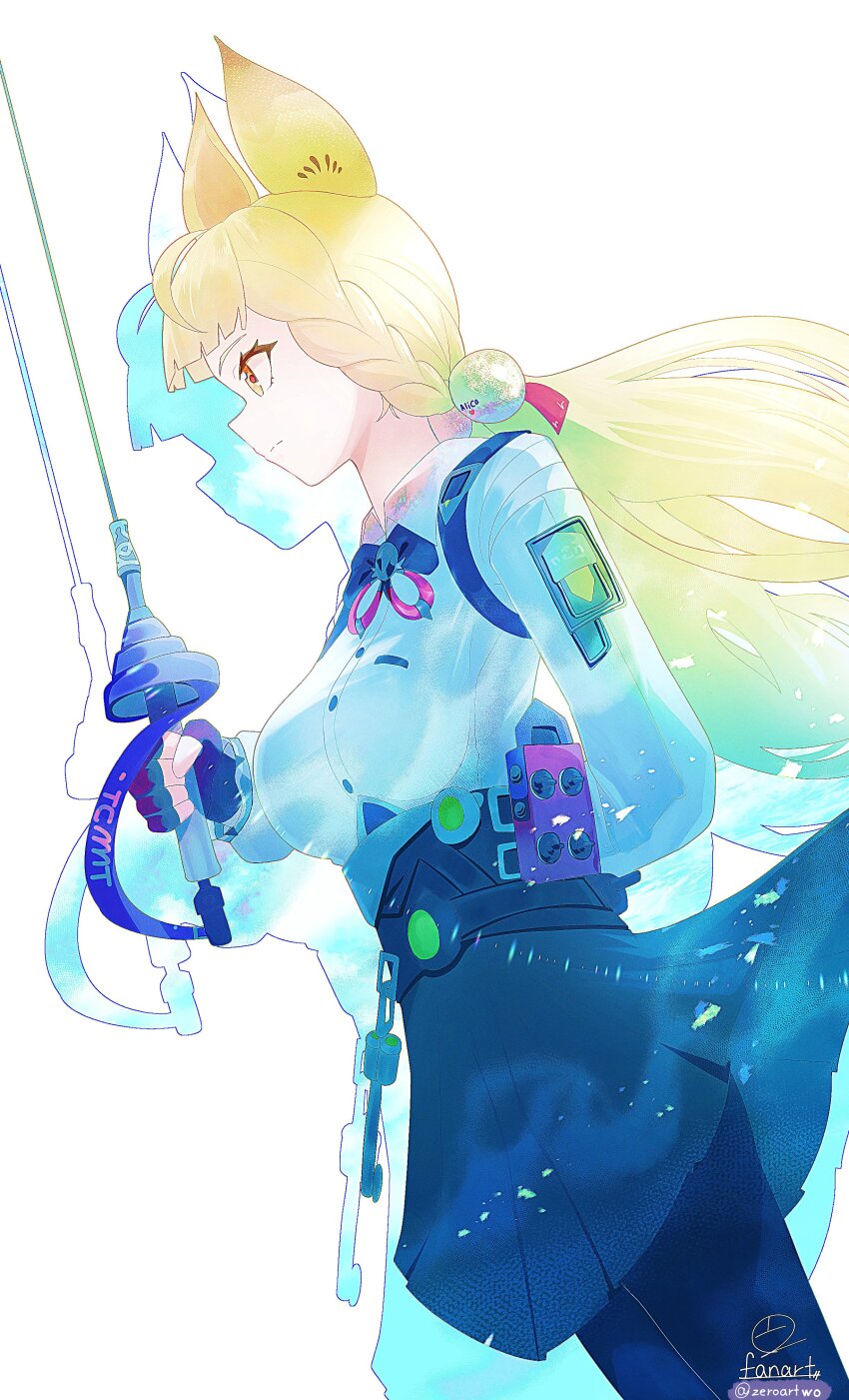 1girl absurdres alice_thymefield animal_ears arm_behind_back black_gloves black_pantyhose black_skirt blonde_hair breasts clothes_writing commentary cowboy_shot fingerless_gloves gloves hair_ornament highres holding holding_sword holding_weapon long_hair looking_at_viewer low_twintails pantyhose rapier serious shirt signature simple_background skirt solo sword twintails twitter_username weapon white_background white_shirt yellow_eyes zenless_zone_zero zeroartwo