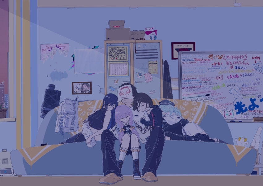 1boy ankle_ribbon arius_squad_(blue_archive) doodle_sensei_(blue_archive) asymmetrical_bangs atsuko_(blue_archive) azusa_(blue_archive) bandaged_neck bandages black_hair black_hoodie black_pants black_shirt blue_archive board boots box braid brown_hair cabbie_hat cabinet calendar_(object) cardboard_box closed_eyes coat couch crop_top earrings fim-92_stinger hair_over_one_eye hat hina_(blue_archive) hiyori_(blue_archive) hood hooded_jacket hoodie indoors jacket jewelry koharu_(blue_archive) leg_ribbon light_green_hair long_hair low_twin_braids misaki_(blue_archive) multiple_girls pants peroro_(blue_archive) pink_hair portrait_(object) ribbon rocket_launcher saori_(blue_archive) scarf sensei_(blue_archive) shirt short_hair side_ponytail skirt sleeping sleeping_on_person sleeveless sleeveless_shirt stud_earrings torn_clothes torn_pants translation_request twin_braids user_ntpt3528 weapon white_coat white_jacket white_scarf white_skirt yuuka_(blue_archive)