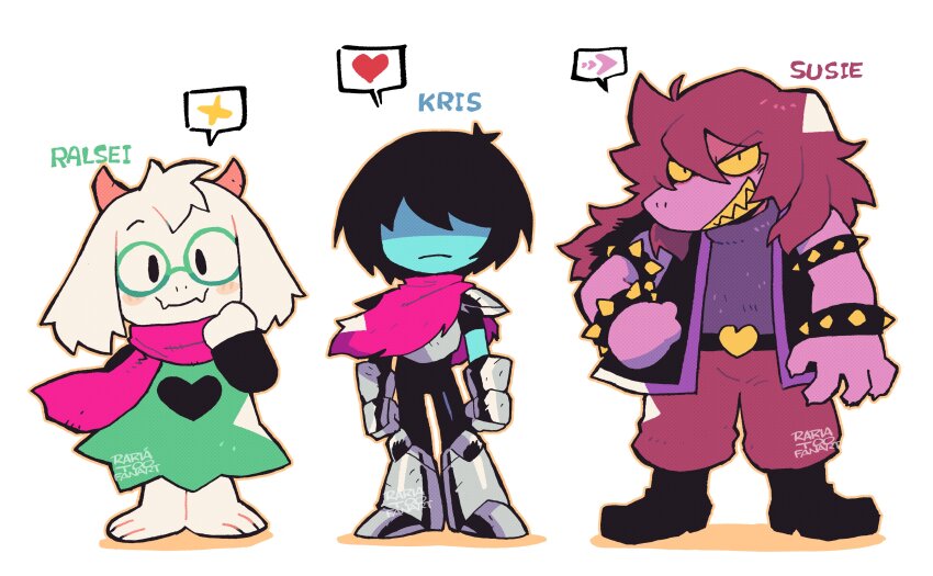 1boy 1girl 1other absurdres animal_ears armlet armor barefoot blue_skin blush_stickers bracelet chibi colored_skin colored_teeth deltarune goat_boy goat_ears goat_horns heart heart_belt_buckle heart_print highres horns jewelry kris_(dark_world)_(deltarune) kris_(deltarune) pink_scarf purple_skin ralsei rariatto_(ganguri) reptile_girl round_eyewear scarf sharp_teeth spiked_armlet spiked_bracelet spikes susie_(dark_world)_(deltarune) susie_(deltarune) teeth yellow_teeth