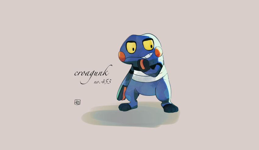 absurdres character_name colored_sclera croagunk full_body gen_4_pokemon grey_background hand_to_own_mouth highres muji_bogi nintendo no_humans nostrils pokedex_number pokemon pokemon_(creature) shadow signature simple_background solo teeth yellow_sclera