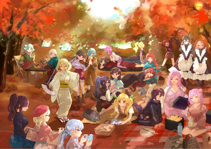 6+girls bag baio_rin blush bonnouji_momoha camera chair eiai_nano fan_dancing female_focus folding_chair food fruit_bowl hanazono_hahari hanazono_hakari handbag haraga_kurumi harem highres holding holding_camera holding_photo holding_sketchbook iin_chiyo inda_karane instrument juubako kakure_meme kedarui_aashii kimi_no_koto_ga_dai_dai_dai_dai_daisuki_na_100-nin_no_kanojo lap_pillow leaf light_rays lying maid maple_leaf maple_tree meido_mai meido_mei momi_momiji multiple_girls music nakaji_uto ocarina omelet on_back on_stomach oyomidtarumi photo_(object) picnic picnic_basket picnic_blanket picnic_table playing_instrument reading seiza sitting sketchbook smile squirrel stuffed_animal stuffed_penguin stuffed_toy sunbeam sunlight sutou_iku table torotoro_kishika tree utsukushisugi_mimimi violin wariza yakuzen_kusuri yakuzen_yaku yamato_nadeshiko_(hyakkano) yasashiki_yamame yoga yoga_mat yoshimoto_shizuka
