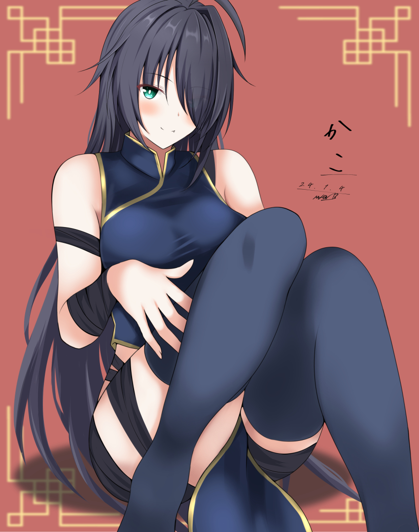 1girl abataa absurdres alternate_costume black_hair black_thighhighs blue_dress blue_eyes breasts china_dress chinese_clothes dated dress hair_over_one_eye highres kako_(kancolle) kako_kai_ni_(kancolle) kantai_collection long_hair medium_breasts messy_hair ponytail red_background signature sitting sleeveless sleeveless_dress smile solo thighhighs