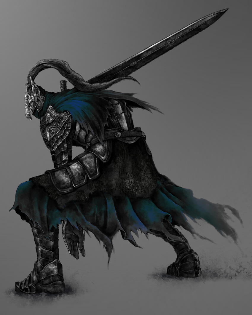 1boy absurdres armor armored_boots artorias_the_abysswalker blue_cape boots cape chainmail commentary dark_souls_(series) dark_souls_i full_body gauntlets grey_background helmet highres knight leg_armor male_focus over_shoulder pauldrons shoulder_armor simple_background sitting solo sword sword_over_shoulder torn_cape torn_clothes weapon weapon_over_shoulder xoo_(pixiv_100957810)