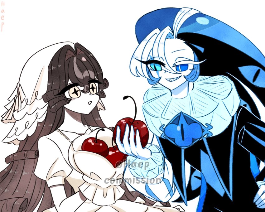 1boy asymmetrical_eyelashes black_forest_cookie blue_eyes blue_skin bridal_veil brown_hair colored_skin cookie_run cookie_run:_kingdom dark-skinned_female dark_skin dress haep0510 hair_intakes highres humanization long_hair long_sleeves neck_ruff puffy_short_sleeves puffy_sleeves shadow_milk_cookie short_sleeves smile symbol-shaped_pupils veil wedding_dress white_dress white_hair