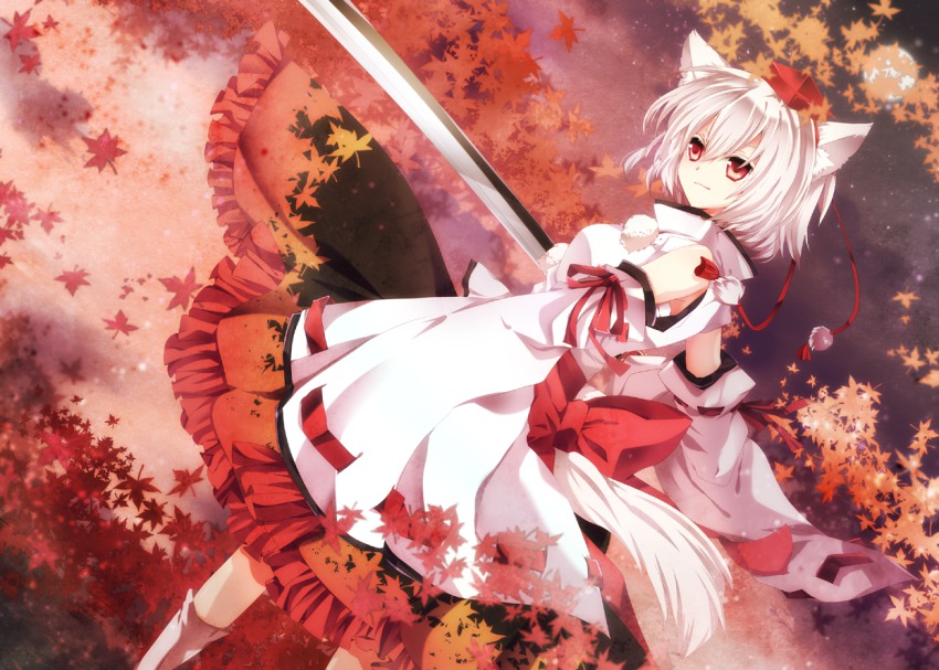 1girl akatsuki_yakyou animal_ears detached_sleeves dutch_angle female_focus hat inubashiri_momiji kneehighs leaf maple_leaf moon red_eyes sky socks solo star_(sky) starry_sky sword tail tokin_hat tougou touhou weapon white_hair white_socks wolf_ears wolf_tail
