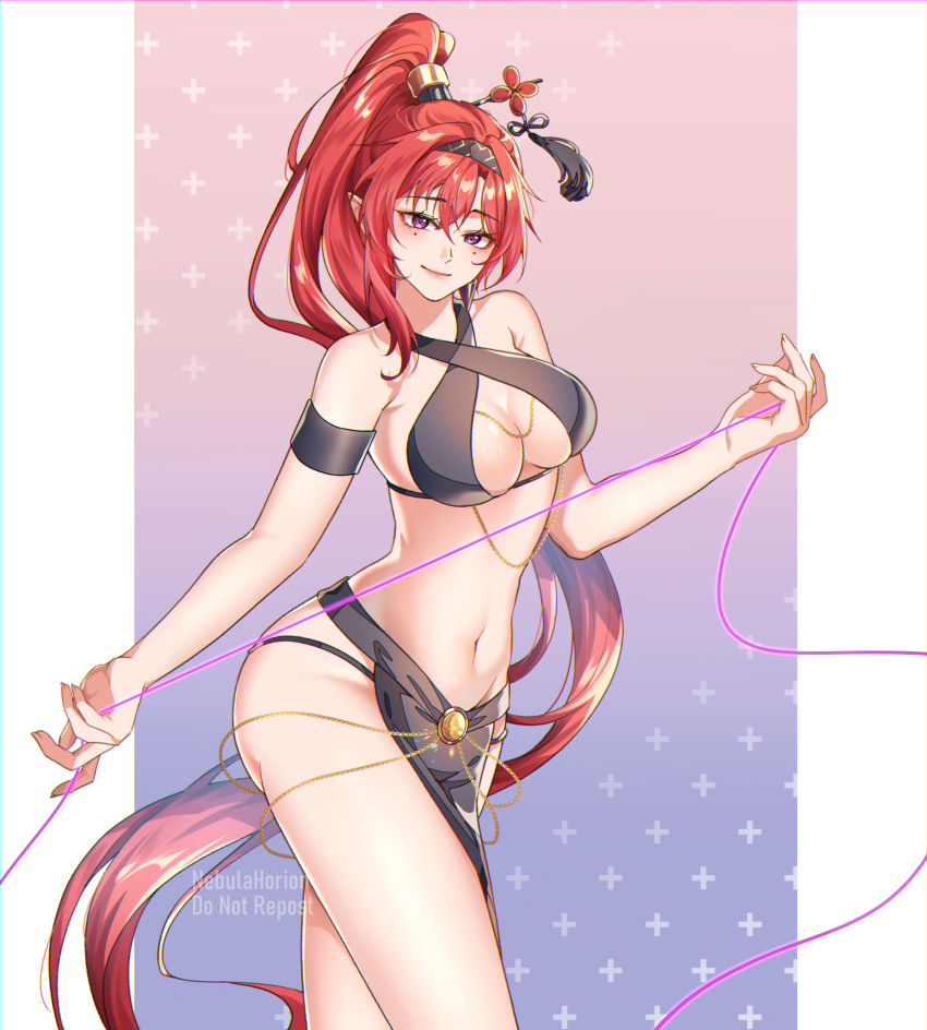 1girl absurdres alternate_costume arm_strap bare_legs bare_shoulders black_hairband breasts circle_facial_mark cleavage commentary cowboy_shot criss-cross_straps flower_hairpin from_side groin hair_between_eyes hair_ornament hairband hairpin high_ponytail highres holding holding_string large_breasts long_hair looking_at_viewer navel nebula_horion pelvic_curtain ponytail purple_eyes red_hair smile solo stomach string tassel thighs very_long_hair wuthering_waves yinlin_(wuthering_waves) yomorio_lingerie