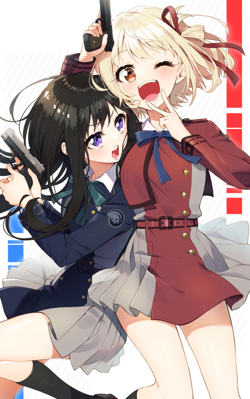2girls ;d arm_up black_dress black_hair blonde_hair blue_bow bow brown_eyes collared_dress commentary_request diagonal_stripes dress feet_out_of_frame green_bow grey_dress gun handgun highres holding holding_gun holding_weapon inoue_takina long_hair long_sleeves looking_at_viewer lycoris_recoil multiple_girls nishikigi_chisato one_eye_closed open_mouth pleated_dress purple_eyes red_dress sakuragi_ren school_uniform smile socks striped_background two-tone_dress weapon weapon_request white_background