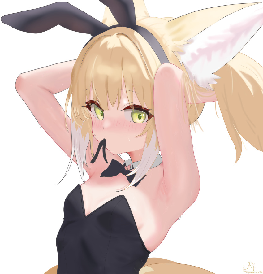 1girl absurdres adjusting_hair animal_ear_fluff animal_ears arknights armpits bare_shoulders black_bow black_bowtie black_hairband black_leotard blonde_hair blush bow bowtie breasts commentary detached_collar english_commentary fake_animal_ears fox_ears green_eyes hair_between_eyes hair_ornament hairband highres leotard looking_at_viewer mouth_hold playboy_bunny presenting_armpit priquetrum rabbit_ears rabbit_hair_ornament simple_background small_breasts solo strapless strapless_leotard suzuran_(arknights) tail upper_body white_background