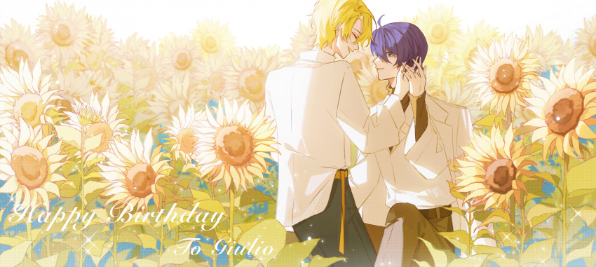 2boys :d ^_^ absurdres ahoge belt black_pants black_shirt black_undershirt blonde_hair brown_belt brown_pants character_name closed_eyes closed_mouth cowboy_shot day facing_another feet_out_of_frame field flower flower_field giancarlo_bourbon_del_monte giulio_di_bondone hair_between_eyes hand_on_another&#039;s_cheek hand_on_another&#039;s_face hand_on_another&#039;s_hand happy_birthday highres light_particles long_sleeves looking_at_another lucky_dog_1 male_focus mohexi459 multiple_boys open_mouth orange_belt pants profile purple_eyes purple_hair shirt shirt_partially_tucked_in short_hair sitting smile standing sunflower sunflower_field turtleneck white_shirt wing_collar yaoi yellow_flower
