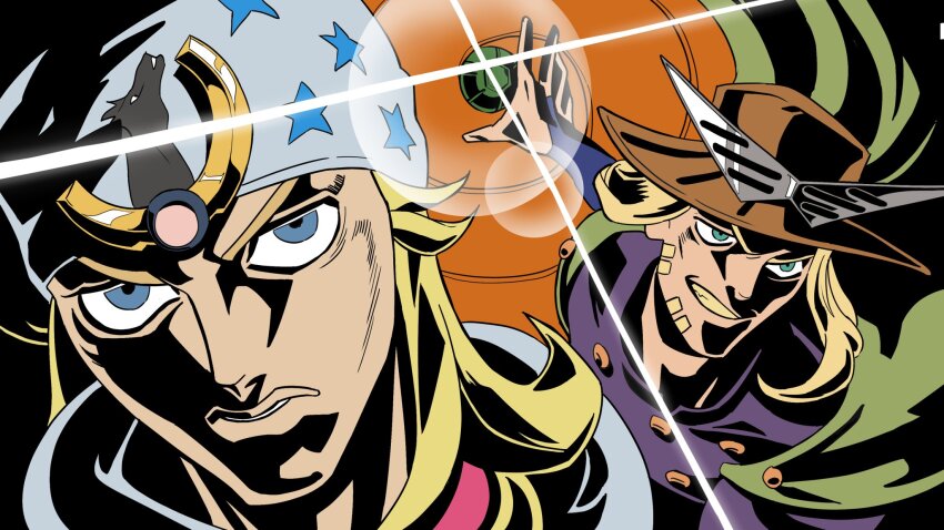 2boys anime_coloring beanie beard blonde_hair blue_bridal_gauntlets blue_eyes brown_hat cape chchdodududu commentary_request cowboy_hat facial_hair fake_screenshot flat_color goggles goggles_on_headwear gold_teeth green_cape grin gyro_zeppeli hat high_contrast highres horse_print johnny_joestar jojo_no_kimyou_na_bouken kamina_shades lens_flare long_hair male_focus medium_hair multiple_boys official_style parody parted_lips purple_shirt shirt smile star_(symbol) star_print steel_ball_(jojo) steel_ball_run style_parody teeth tengen_toppa_gurren_lagann white_hat