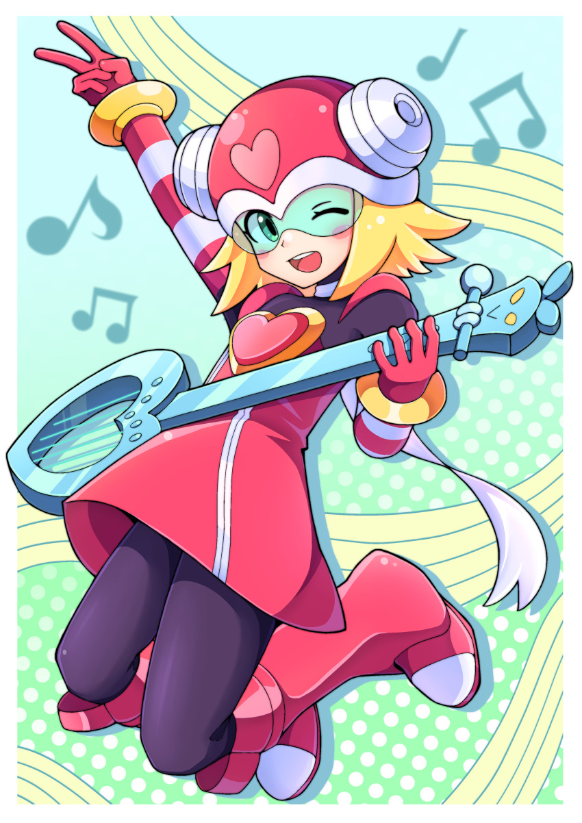 1girl ;d absurdres assault_visor black_bodysuit blonde_hair blush_stickers bodysuit border dress full_body guitar harp_note_(mega_man) helmet highres holding holding_guitar holding_instrument instrument looking_at_viewer mega_man_(series) mega_man_star_force_(series) moroqoishii musical_note one_eye_closed open_mouth pink_dress pink_helmet scarf short_hair smile solo sonia_strumm_(mega_man) teeth upper_teeth_only v white_border white_scarf