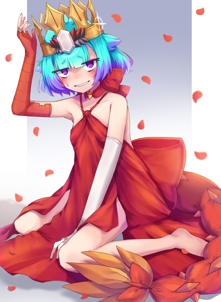 1girl absurdres asymmetrical_gloves bare_shoulders blunt_bangs blush bow breasts cosplay dress elbow_gloves fake_tail fate/grand_order fate_(series) fingerless_gloves gloves green_hair grin highres kibinago_(kibinago614) locusta_(fate) looking_at_viewer mismatched_gloves multicolored_hair nero_claudius_(fate) petals purple_eyes purple_hair queen_draco_(fate) queen_draco_(first_ascension)_(fate) queen_draco_(first_ascension)_(fate)_(cosplay) red_dress red_nails sharp_teeth short_hair sitting small_breasts smile solo sweatdrop tail teeth two-tone_hair wariza