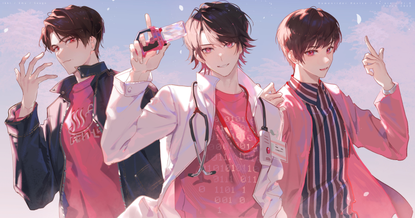 3boys black_hair doctor doran_(doran7280) hand_gesture happy_spa highres houjou_emu igarashi_ikki index_finger_raised jacket kamen_rider kamen_rider_ex-aid_(series) kamen_rider_revice kamen_rider_zi-o_(series) light_smile multiple_boys pink_eyes pink_jacket pink_shirt pink_theme rider_gashat shirt short_hair smile striped_clothes striped_shirt thermometer tokiwa_sougo trait_connection upper_body
