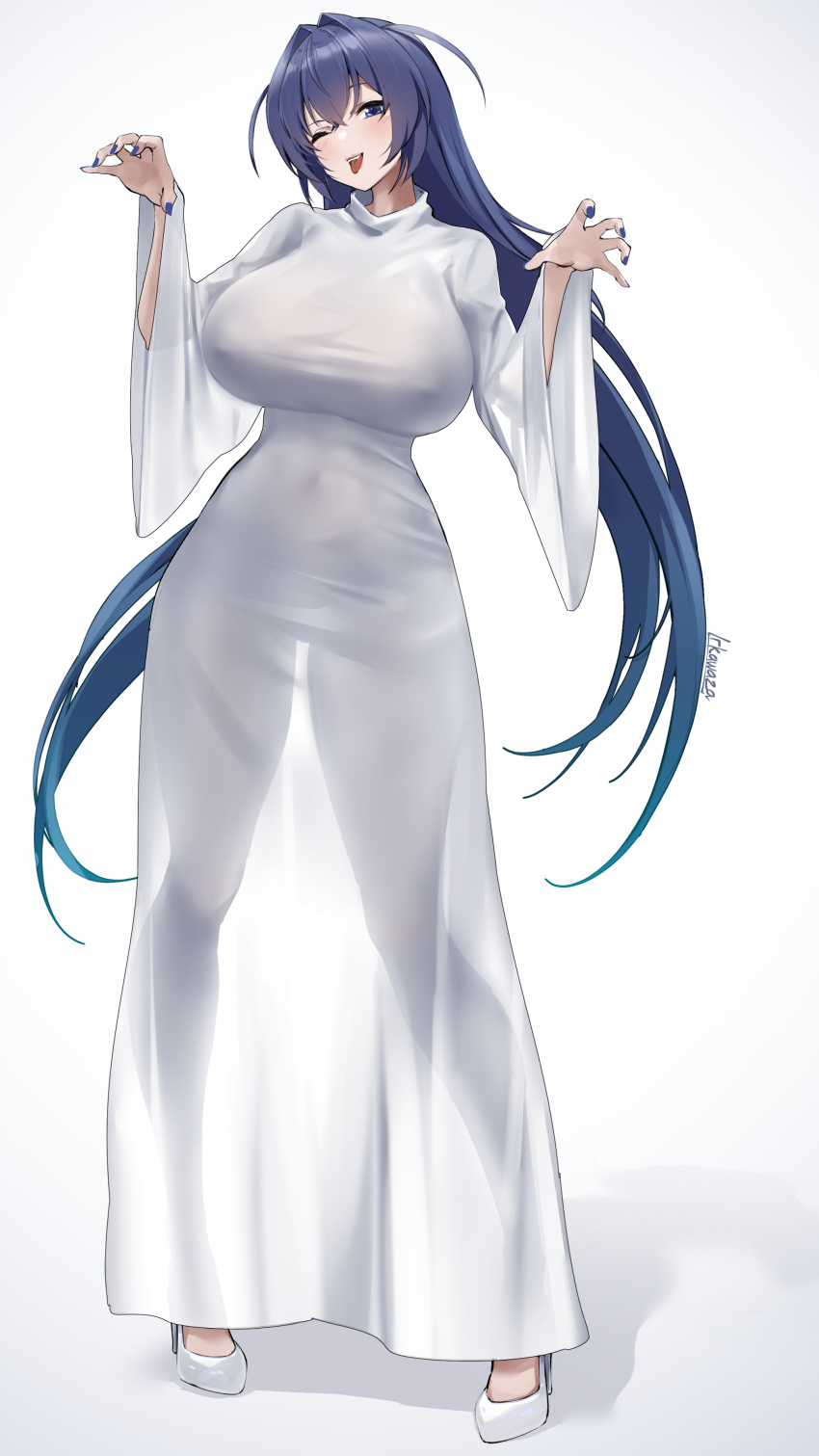 1girl absurdres azur_lane blue_eyes blue_hair blue_nails blush breasts claw_pose commentary contrapposto covered_erect_nipples covered_navel curvy dress full_body ghost_costume hair_flaps hair_intakes halloween_costume hands_up high_heels highres huge_breasts irkawaza long_dress long_hair looking_at_viewer naked_costume new_jersey_(azur_lane) one_eye_closed revision see-through_silhouette simple_background smile solo taut_clothes taut_dress tongue tongue_out very_long_hair white_background white_dress white_footwear wide_hips wide_sleeves
