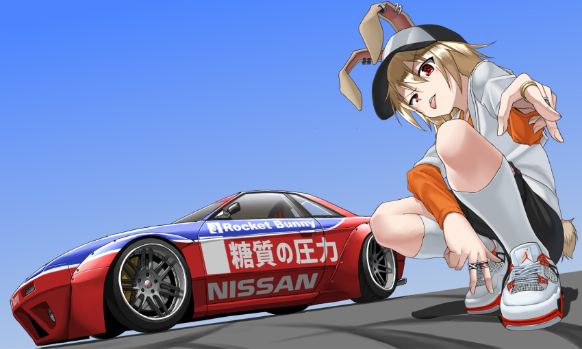 1girl air_jordan animal_ears arai_kogane baseball_cap black_shorts blonde_hair blue_sky car commentary_request ear_piercing hat highres jewelry long_sleeves motor_vehicle nissan nissan_180sx nissan_silvia nissan_silvia_s13 orange_shirt original outdoors piercing rabbit_ears rabbit_girl rabbit_tail race_vehicle racecar red_eyes ring shirt shoes shorts sky sneakers solo sports_car tail tongue tongue_out vehicle_focus vehicle_name wheel white_shirt