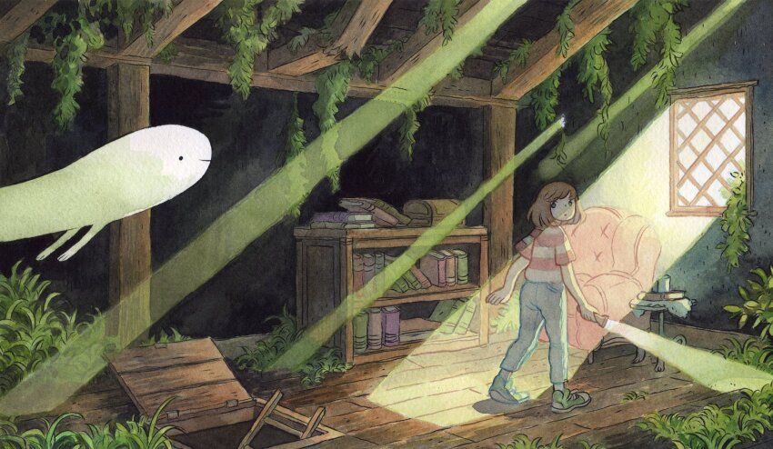1girl armchair attic blue_pants book brown_hair chair commentary cup day denim english_commentary flashlight ghost green_shoes heel_up heikala highres holding holding_flashlight indoors jeans ladder light_rays looking_back medium_hair nightstand original overgrown pants rafters shirt shoes sneakers solo standing striped_clothes striped_shirt sunbeam sunlight trap_door treasure_chest weeds window wooden_beam wooden_floor