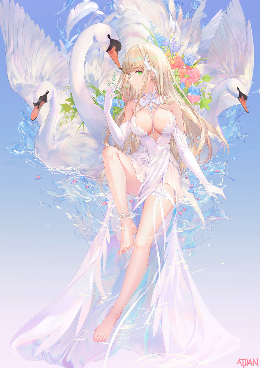 1girl absurdres artist_name atdan bare_legs barefoot between_breasts bird blonde_hair breasts closed_mouth dress elbow_gloves full_body gloves green_eyes highres large_breasts long_hair looking_at_viewer original revision sideways_glance sleeveless sleeveless_dress solo strap_between_breasts swan very_long_hair white_dress white_gloves