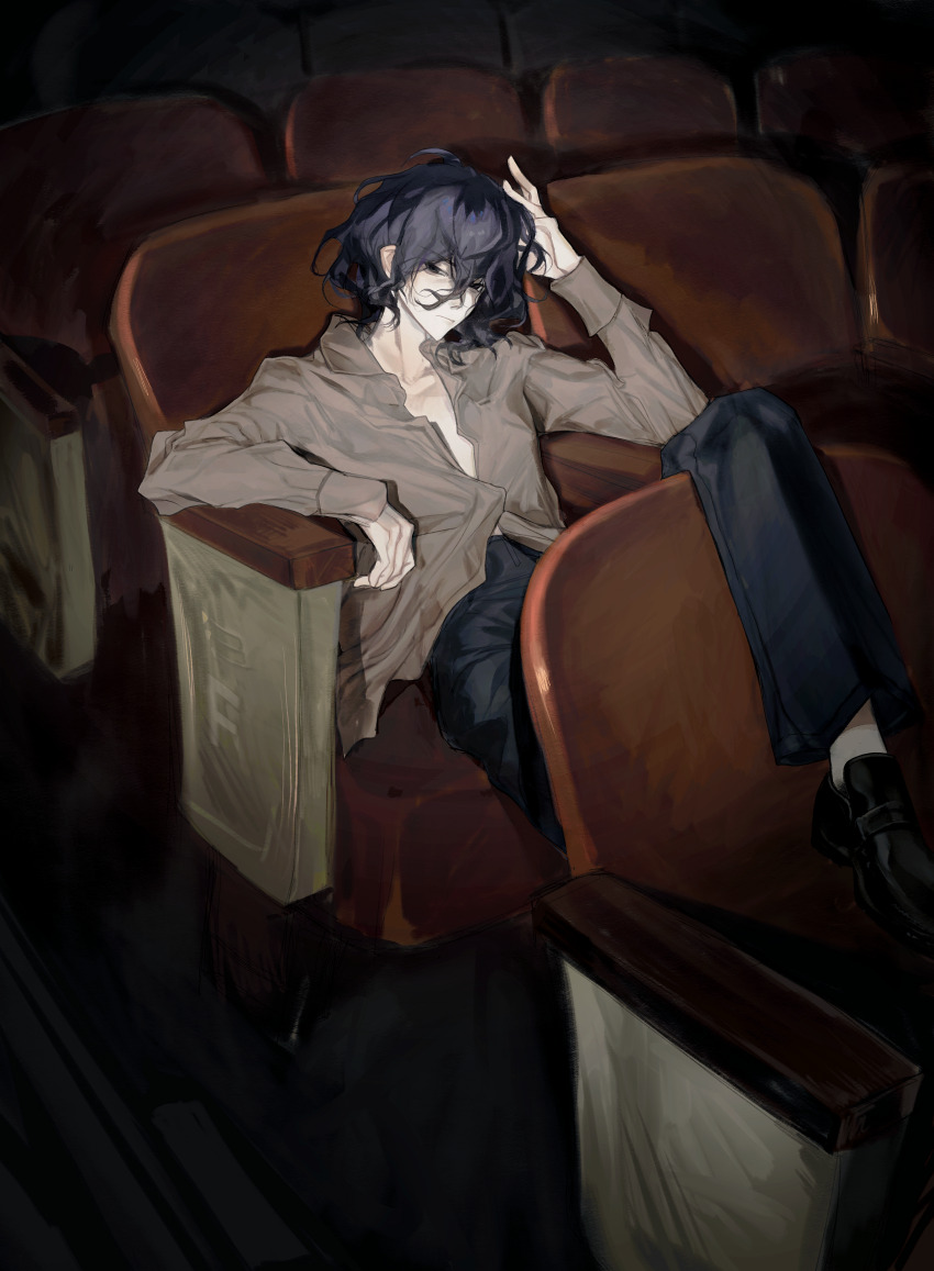 1boy absurdres black_eyes black_hair black_pants black_shoes brown_shirt c8h11o2n chinese_commentary closed_mouth collared_shirt commentary_request hair_between_eyes hand_on_own_head highres indoors loafers long_bangs long_sleeves male_focus no_socks on_chair pants partially_unbuttoned saibou_shinkyoku shirt shoes short_hair sitting solo theater_seating utsugi_noriyuki