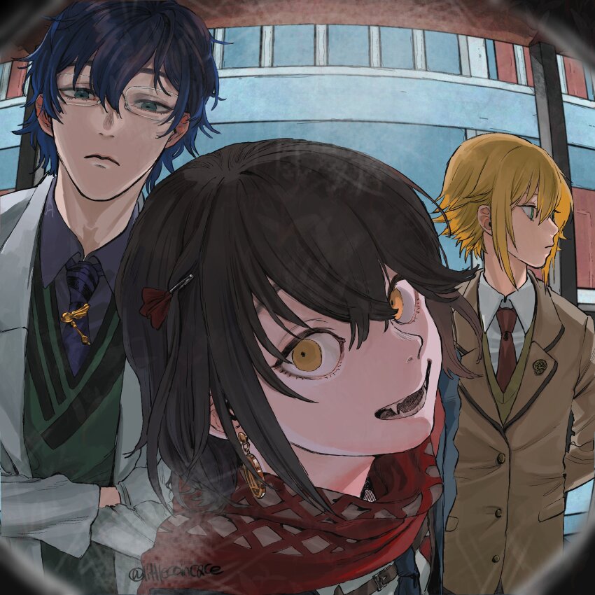 3boys absurdres arms_behind_back black_hair blonde_hair blue_eyes blue_hair blue_necktie closed_mouth collared_shirt commentary crossed_arms day earrings fangs fisheye frown glasses green_sweater highres jewelry koze_niire lab_coat leaning_forward leos_vincent leos_vincent_(1st_costume) looking_at_viewer looking_to_the_side male_focus mashiro_meme mashiro_meme_(1st_costume) multiple_boys necktie nijisanji open_mouth pov_peephole purple_shirt red_necktie red_scarf romaji_commentary scarf school_uniform shirt short_hair smile sweater twitter_username uzuki_kou uzuki_kou_(3rd_costume) virtual_youtuber yellow_eyes