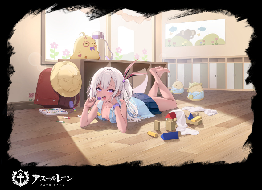 1girl :d azur_lane bare_legs bare_shoulders barefoot blonde_hair blue_skirt blue_vest blush breasts candy classroom commentary copyright_name crossed_legs dark-skinned_female dark_skin english_commentary fang food full_body hair_between_eyes hair_ribbon hand_on_own_cheek hand_on_own_face hands_up head_rest highres holding holding_candy holding_food holding_lollipop indoors legs_folded legs_up lollipop long_hair looking_at_viewer lying manjuu_(azur_lane) miniskirt naughty_face no_bra official_alternate_costume official_art on_floor on_stomach open_clothes open_mouth open_vest pleated_skirt purple_eyes ribbon sanze_(gokiburi_kirai) side_ponytail skirt small_breasts smile solo striped_ribbon thighs u-31_(azur_lane) u-31_(let&#039;s_go_home)_(azur_lane) unbuttoned very_long_hair vest white_hair