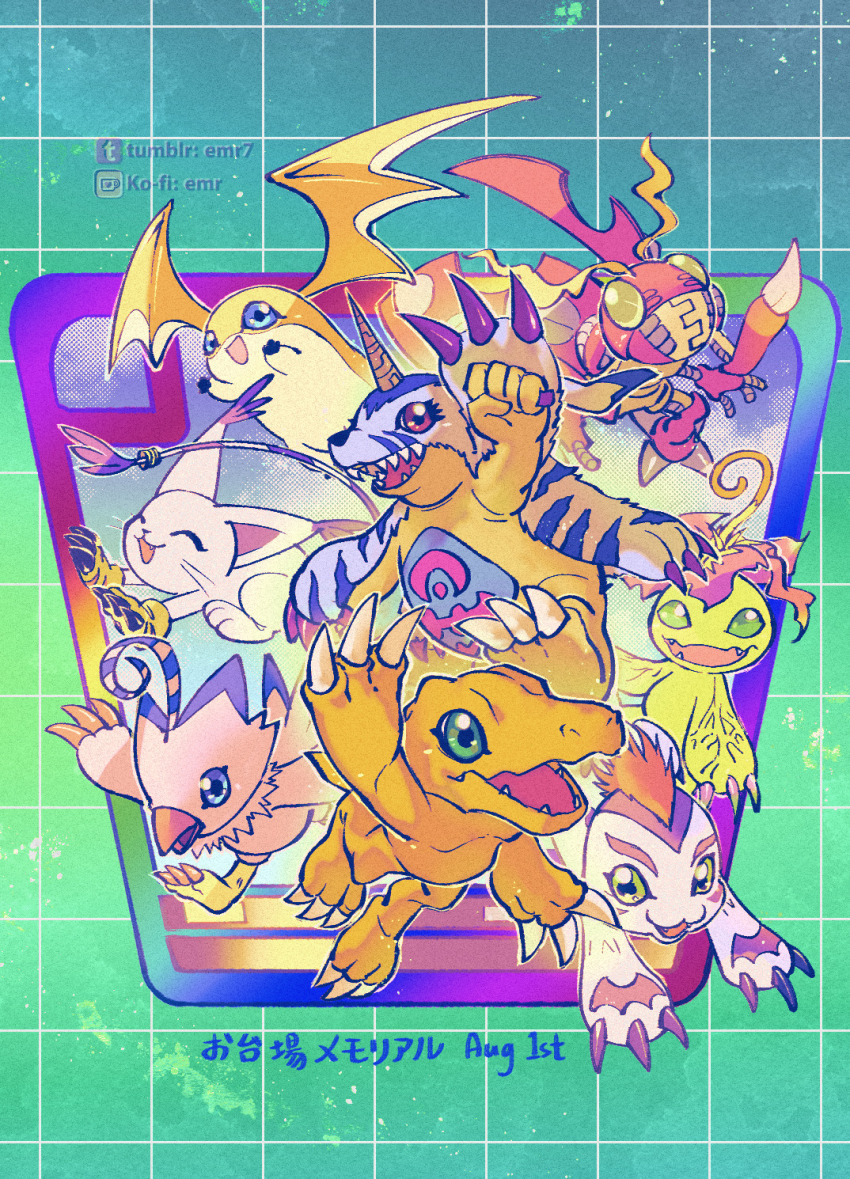 agumon animal_hands antennae black_claws blue_eyes blue_fur bug card claws closed_eyes colored_skin digimon digimon_(creature) digimon_adventure digimon_day dinosaur emr7 gabumon gloves gomamon green_eyes grid_background highres holy_ring horns lizard mohawk orange_skin palmon patamon paw_gloves piyomon plant_monster red_claws red_eyes single_horn striped_tail tail tail_ornament tail_ring tailmon tentomon whiskers wings