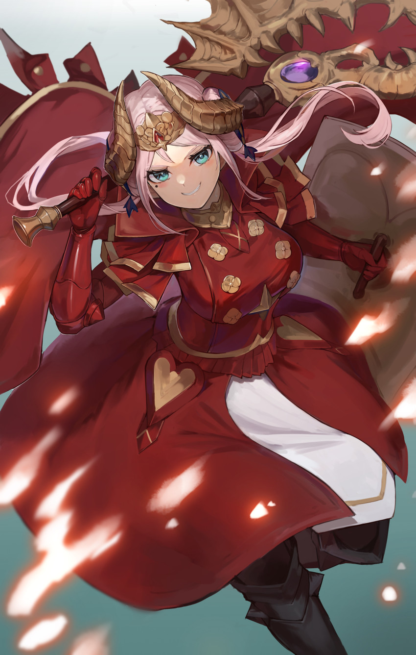 1girl absurdres armor axe aymr_(fire_emblem) blue_eyes blush breasts buttons cape commentary_request cosplay double-breasted dress edelgard_von_hresvelg edelgard_von_hresvelg_(cosplay) edelgard_von_hresvelg_(timeskip) fake_horns fire_emblem fire_emblem:_three_houses gloves hair_bun hair_ornament highres holding holding_axe holding_shield holding_weapon horned_headwear horns large_breasts long_hair long_sleeves looking_at_viewer love_live! love_live!_nijigasaki_high_school_idol_club medium_breasts mole mole_under_eye nintendo pink_hair popupi_12 red_cape shield sidelocks smile solo swept_bangs two_side_up vambraces weapon zhong_lanzhu