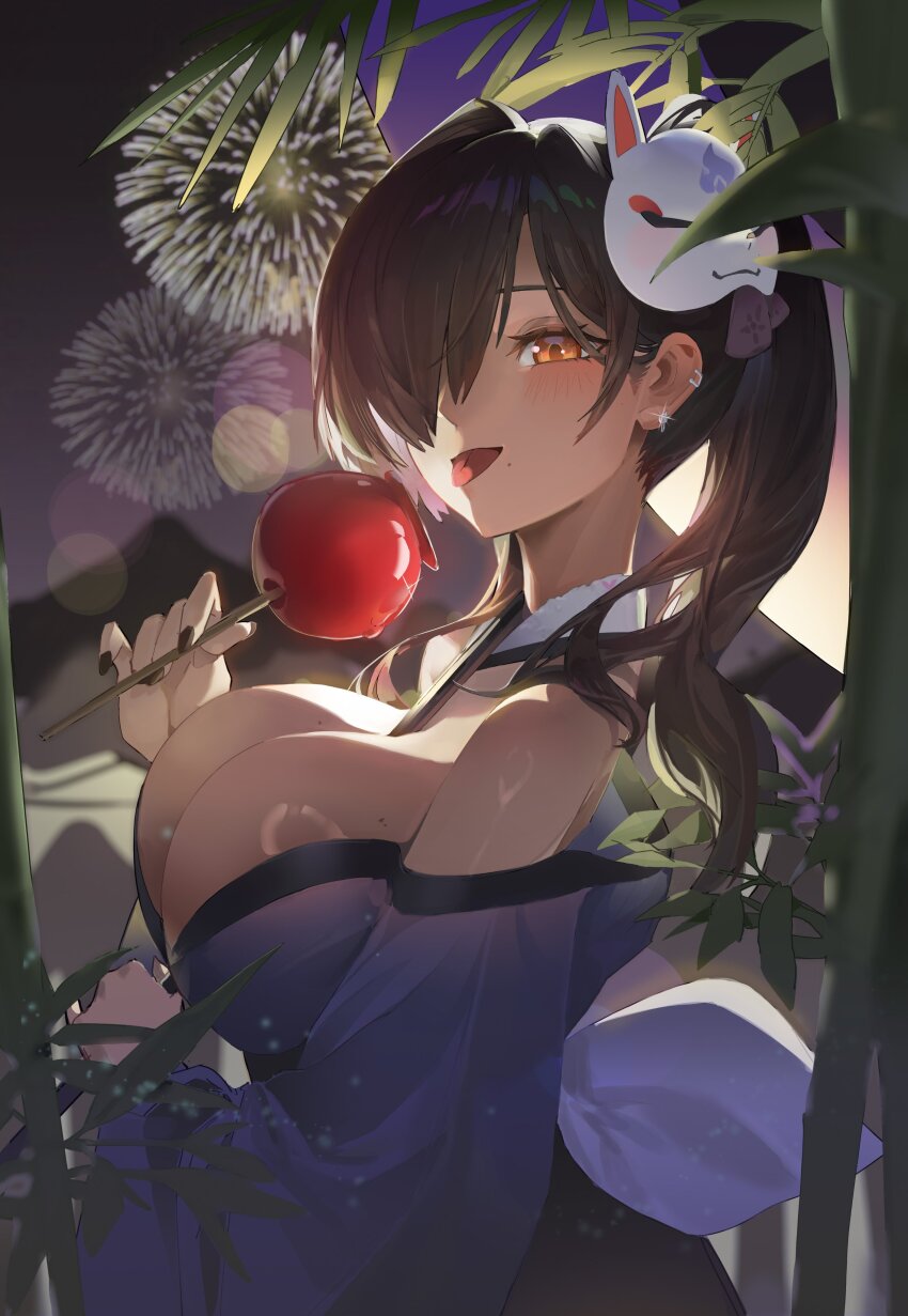 1girl absurdres apple breasts candy_apple dark-skinned_female dark_skin food fruit goddess_of_victory:_nikke highres holding holding_food holding_fruit japanese_clothes kimono koi_wanko large_breasts mole mole_on_breast mole_under_mouth naga_(last_girlhood)_(nikke) naga_(nikke) official_alternate_costume purple_kimono solo upper_body
