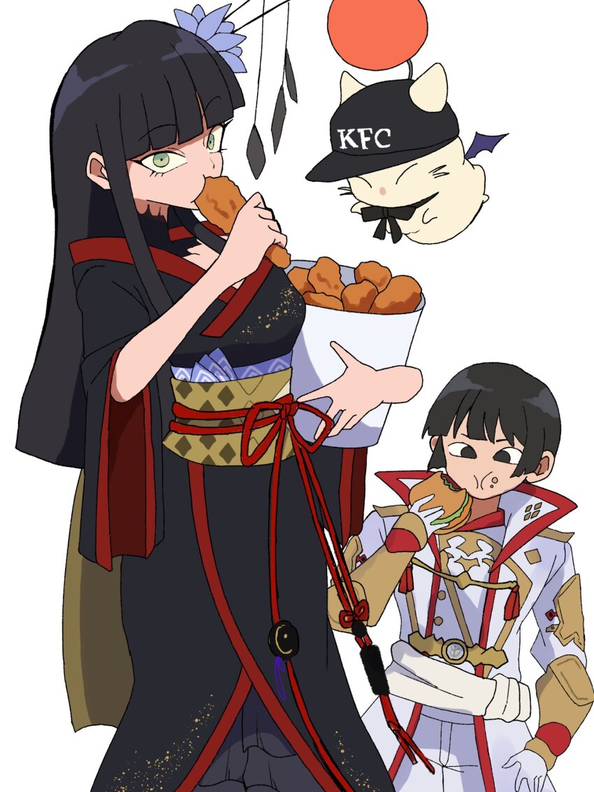1boy 1girl asahi_sas_brutus baseball_cap black_collar black_eyes black_hair black_hat black_kimono blunt_bangs brother_and_sister bucket_of_chicken burger chicken_(food) closed_eyes coat collar creature ears_through_headwear eating final_fantasy final_fantasy_xiv flower food food_on_face fried_chicken glaa_da green_eyes hair_flower hair_ornament hat highres holding holding_food hyur inrou japanese_clothes kfc kimono long_hair looking_at_viewer moogle obi obiage obijime red_trim sash short_hair siblings sidelocks simple_background standing straight_hair white_background white_coat yotsuyu_goe_brutus
